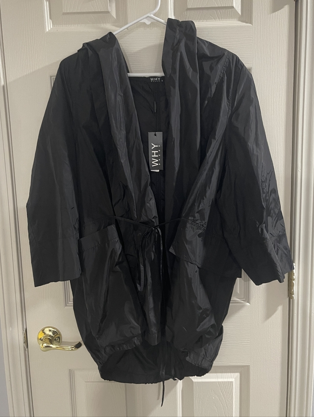 NWT‎ Why Dress Womens Black Oversized Hooded Tie Wrap Windbreaker Jacket Size Sm